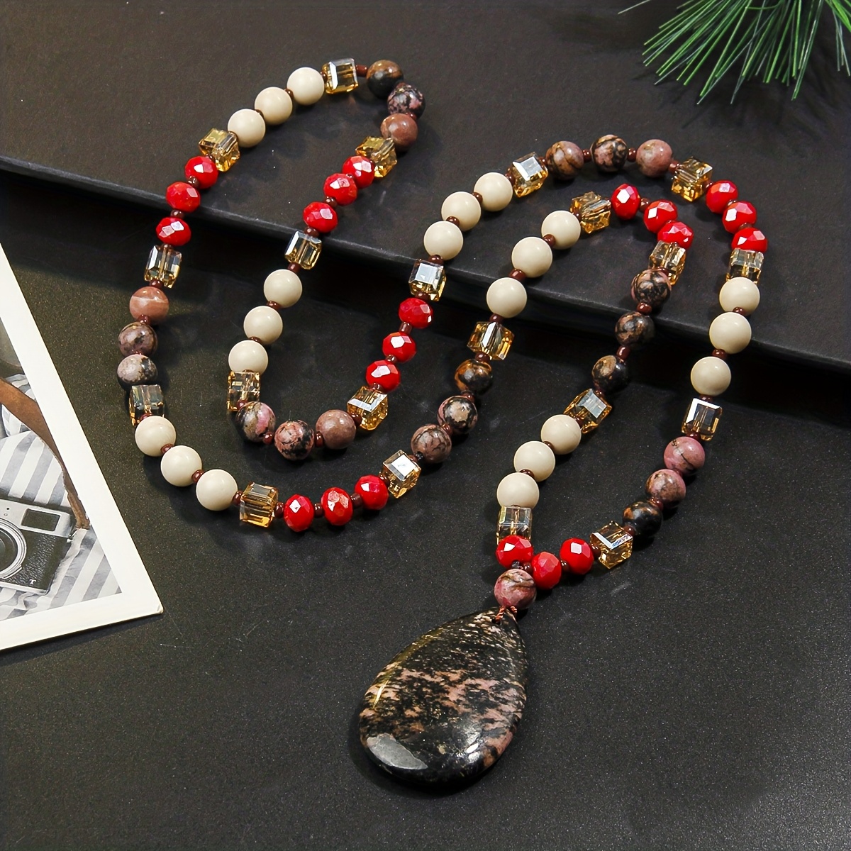 Fashionable Vintage Style Natural Stone Pendant Necklace, Gift